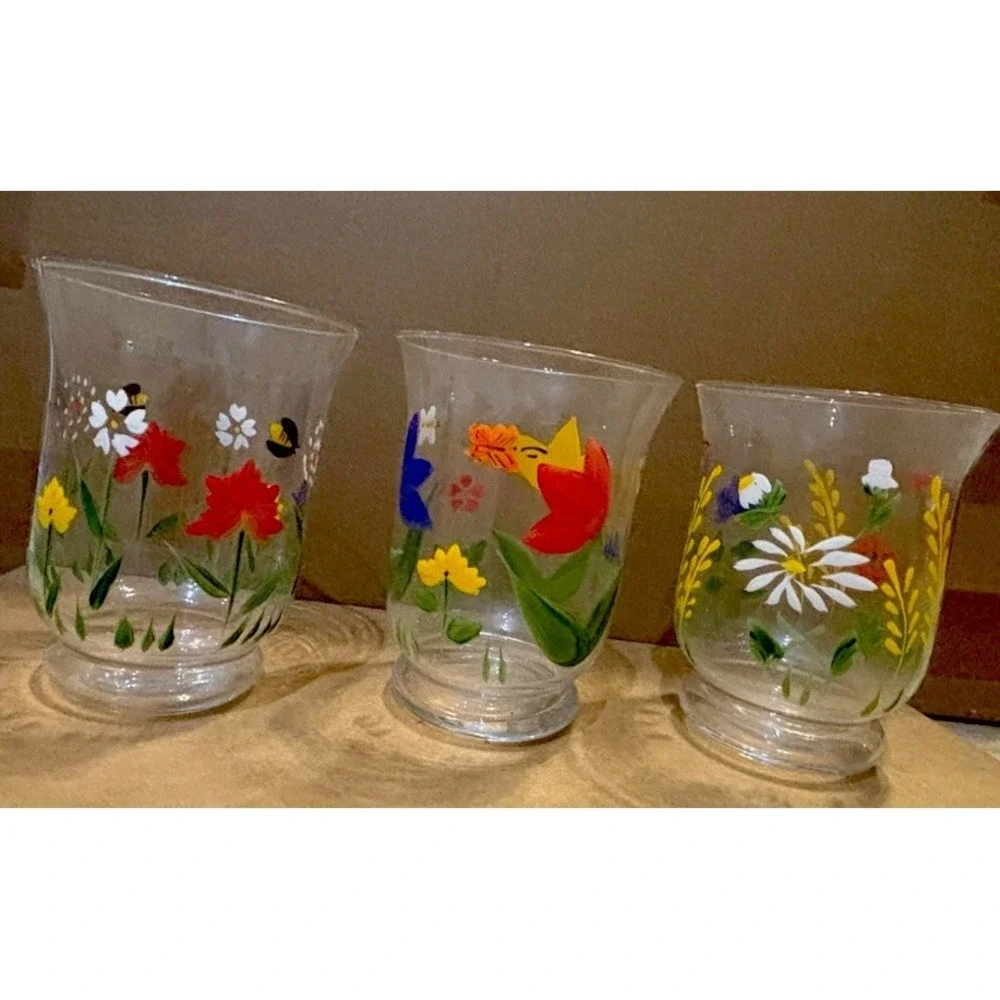 Set Of Vintage Hallmark Painted Flowers Candle Holders Votives Butterflies Bees